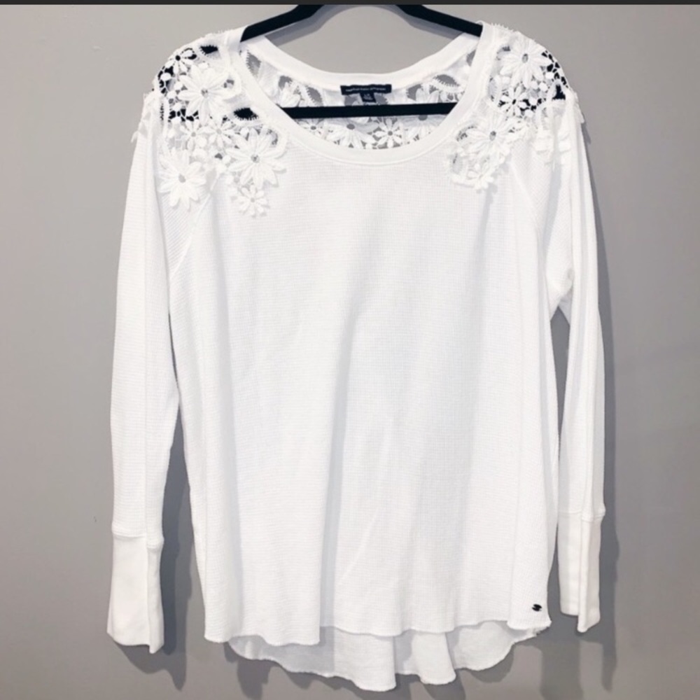 American Eagle White Floral Lace Waffleknit Top